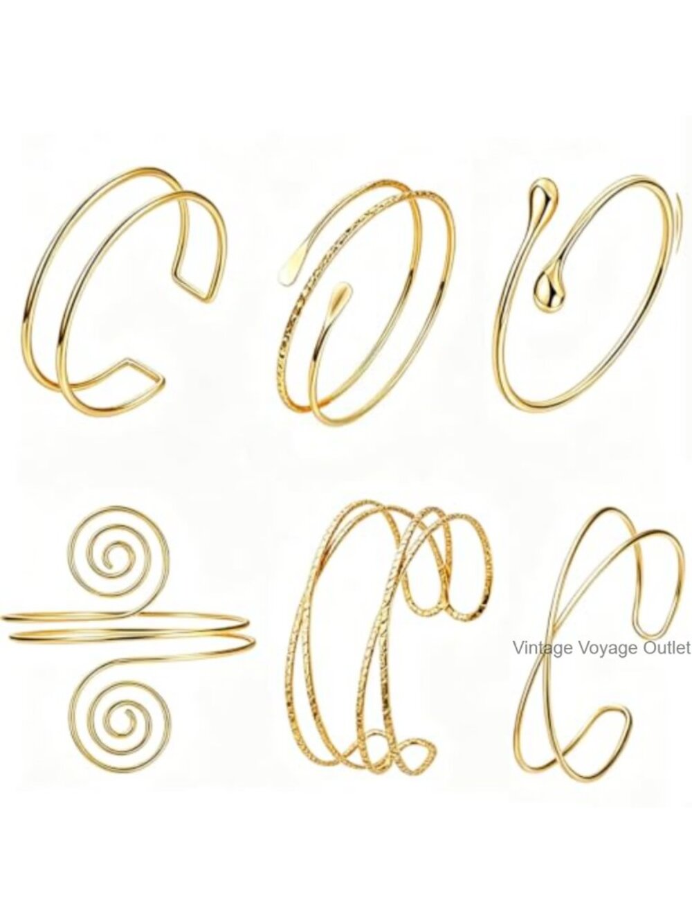 6 Pc Gold Arm Cuff Bracelet Set Alloy Adjustable Upper Arm Jewelry for Women